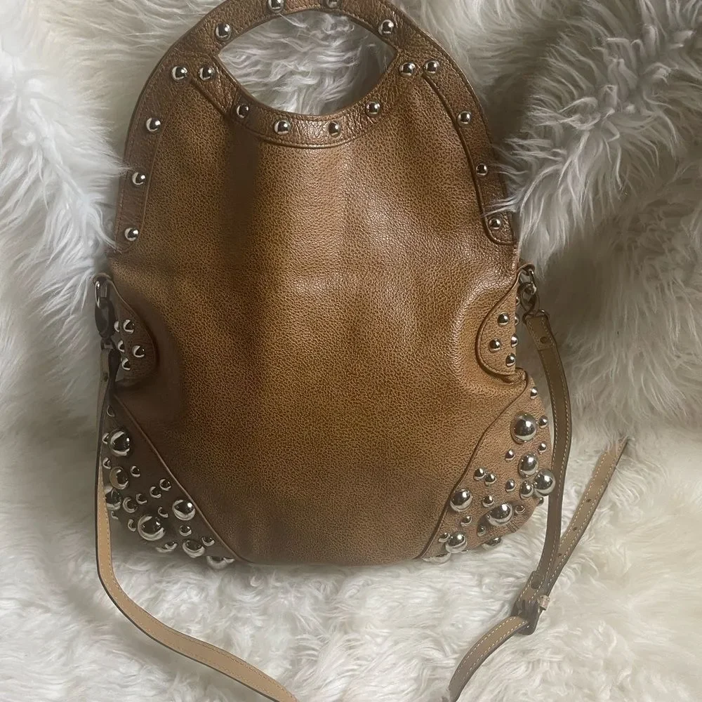 Charm & Luck leather Brown silver Studded large Hobo Bag